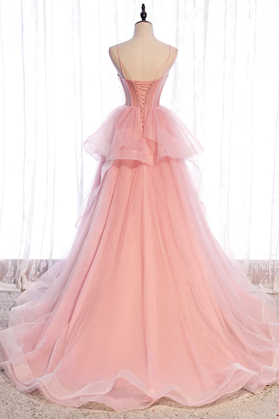 A-Line Spaghetti Straps Bodycon Ruffle Tiered Tulle Pink Long Prom Dresses