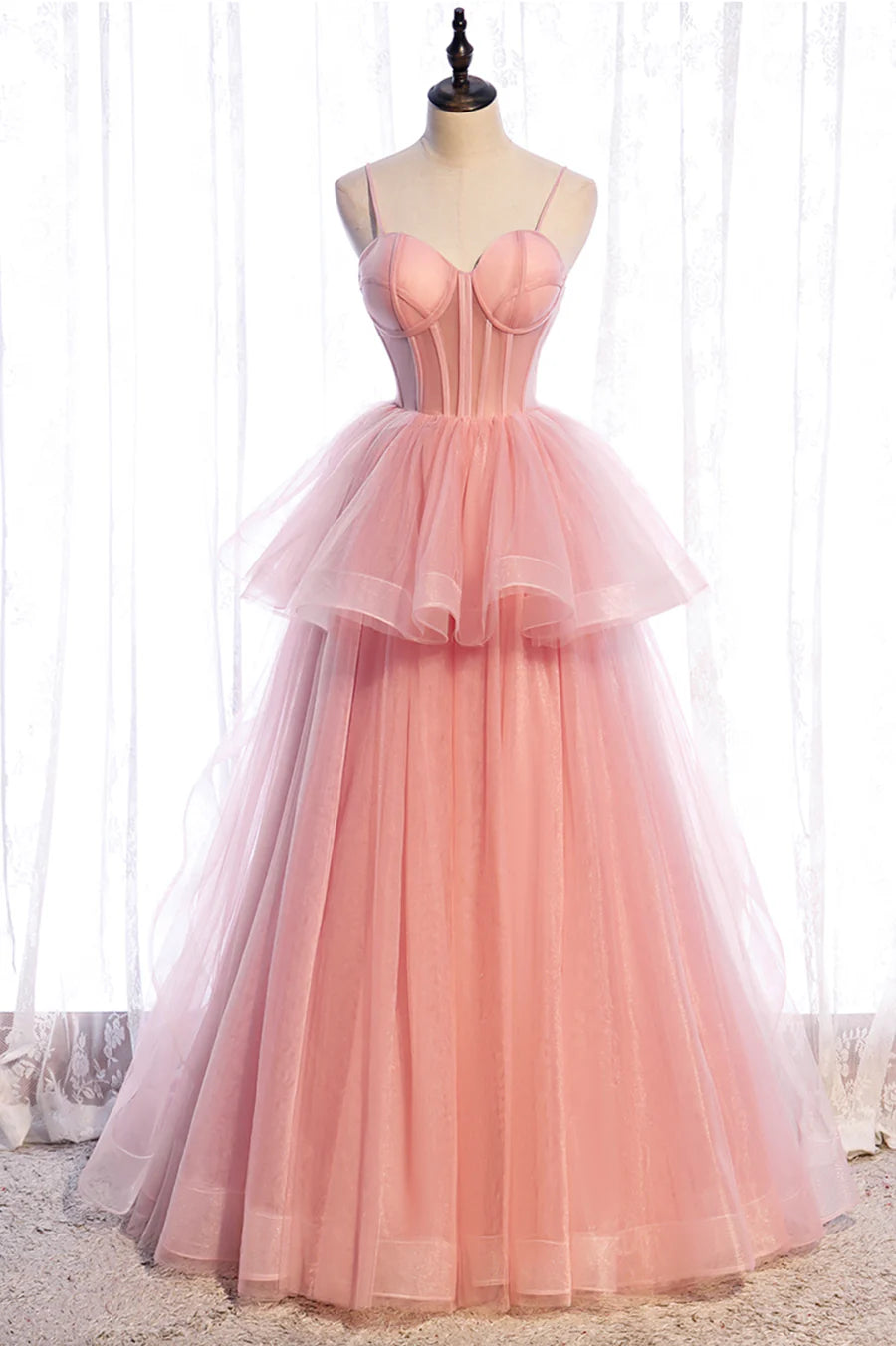 A-Line Spaghetti Straps Bodycon Ruffle Tiered Tulle Pink Long Prom Dresses