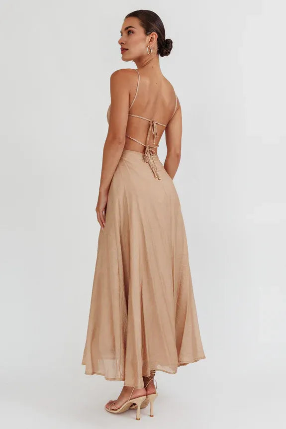 A-Line Spaghetti Straps Bodycon Tied Back Taupe Midi Evening Dress