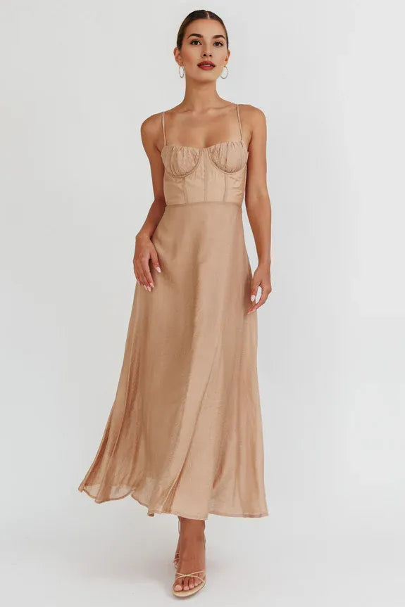A-Line Spaghetti Straps Bodycon Tied Back Taupe Midi Evening Dress