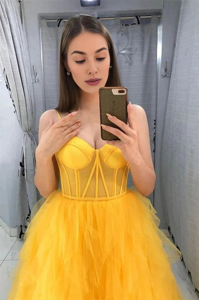 A-Line Spaghetti Straps Corset Ruffles Tulle Yellow Long Formal Prom Dress