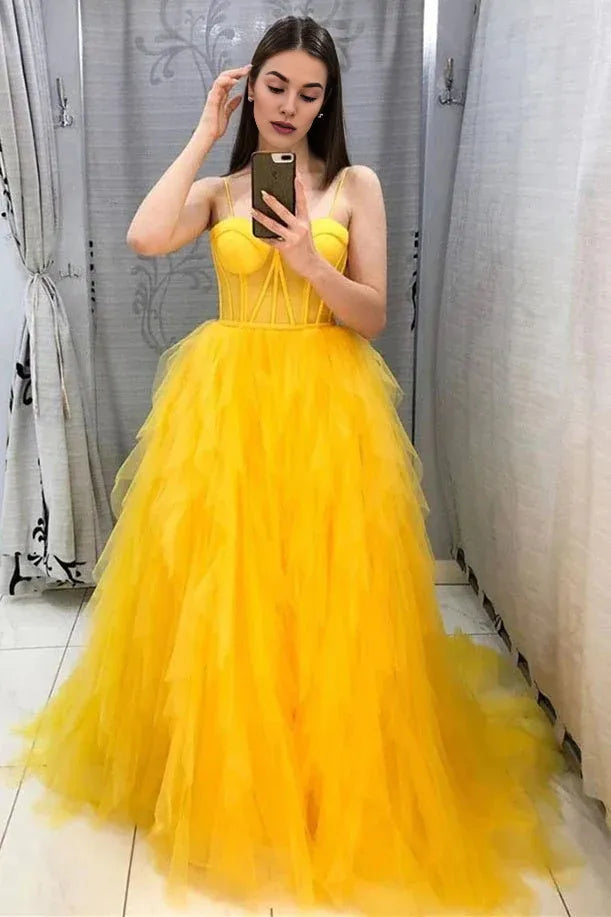 A-Line Spaghetti Straps Corset Ruffles Tulle Yellow Long Formal Prom Dress
