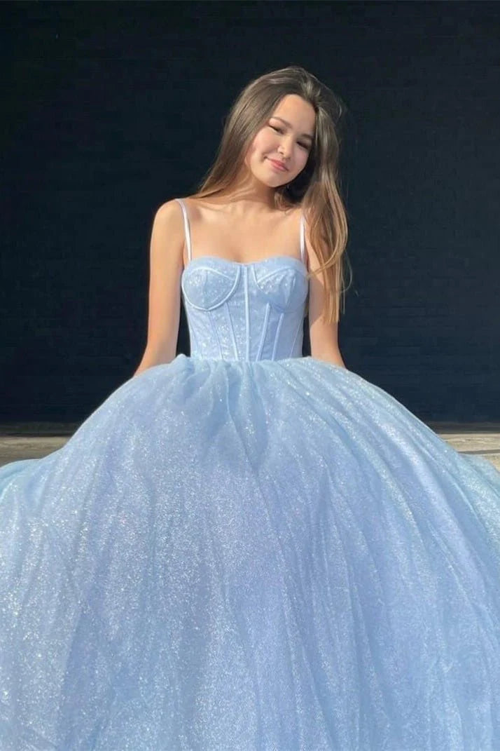 A-Line Spaghetti Straps Corset Tulle Lavender Long Formal Prom Dress