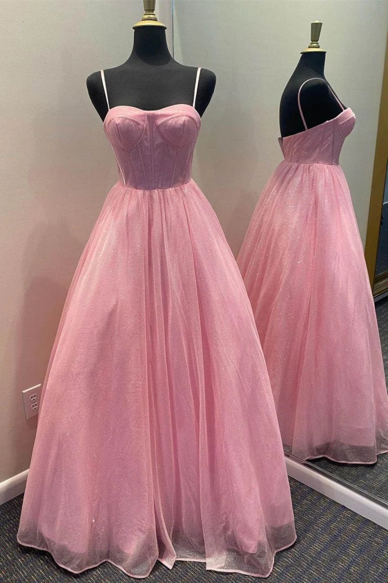 A-Line Spaghetti Straps Corset Tulle Lavender Long Formal Prom Dress