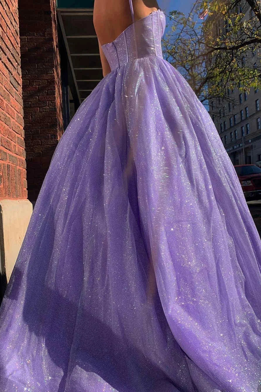 A-Line Spaghetti Straps Corset Tulle Lavender Long Formal Prom Dress