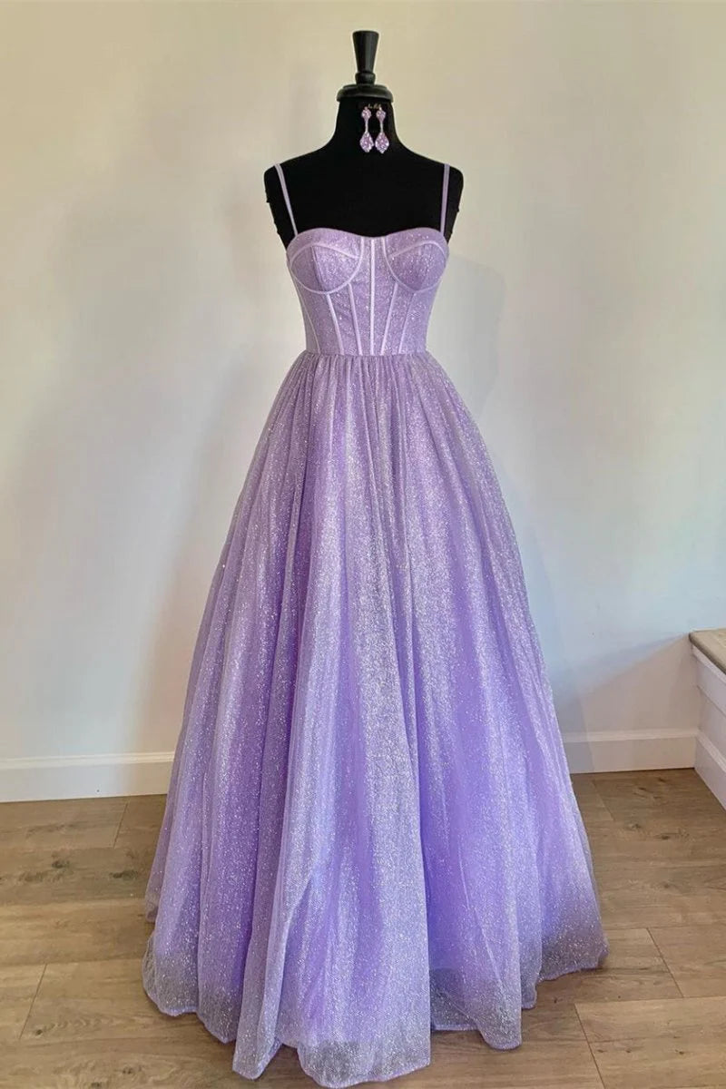 A-Line Spaghetti Straps Corset Tulle Lavender Long Formal Prom Dress
