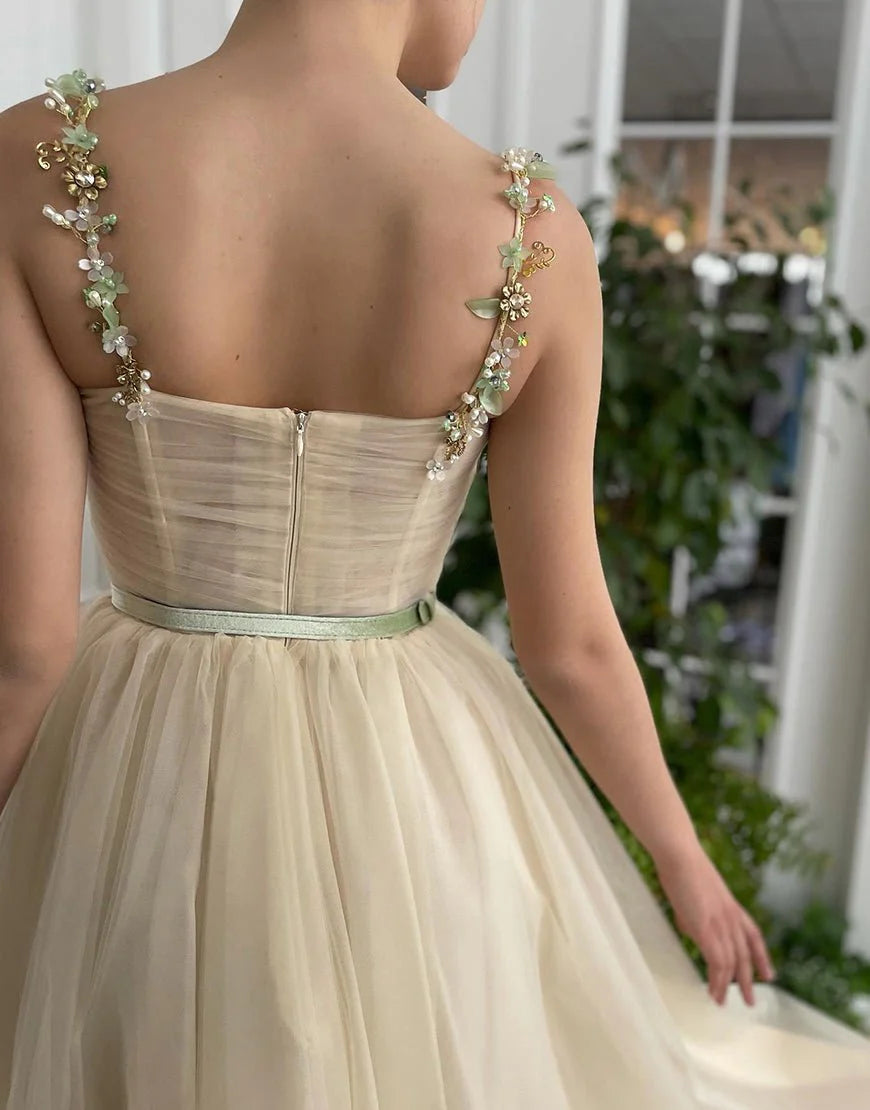 A-Line Spaghetti Straps Homecoming Dress Beaded Tulle Apricot Prom Dress