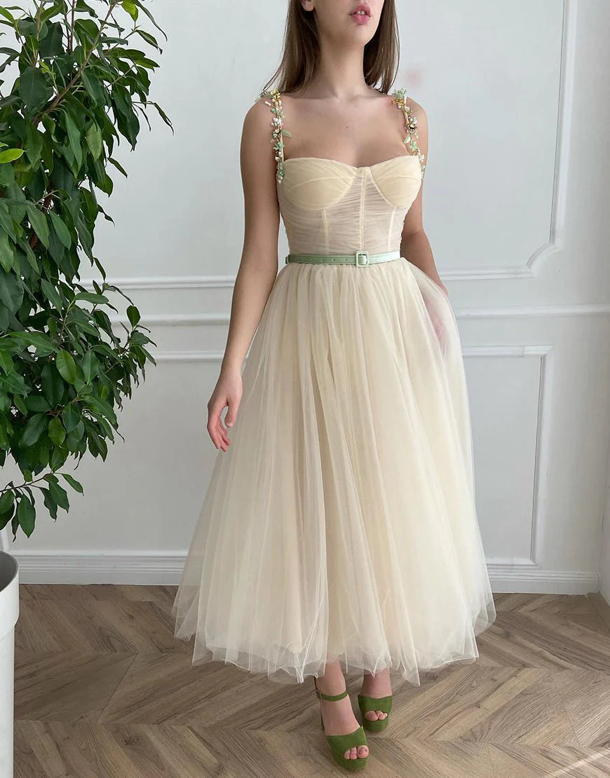 A-Line Spaghetti Straps Homecoming Dress Beaded Tulle Apricot Prom Dress
