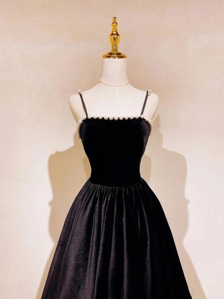 A-Line Spaghetti Straps Pearls Beaded Velvet Black Long Prom Dress