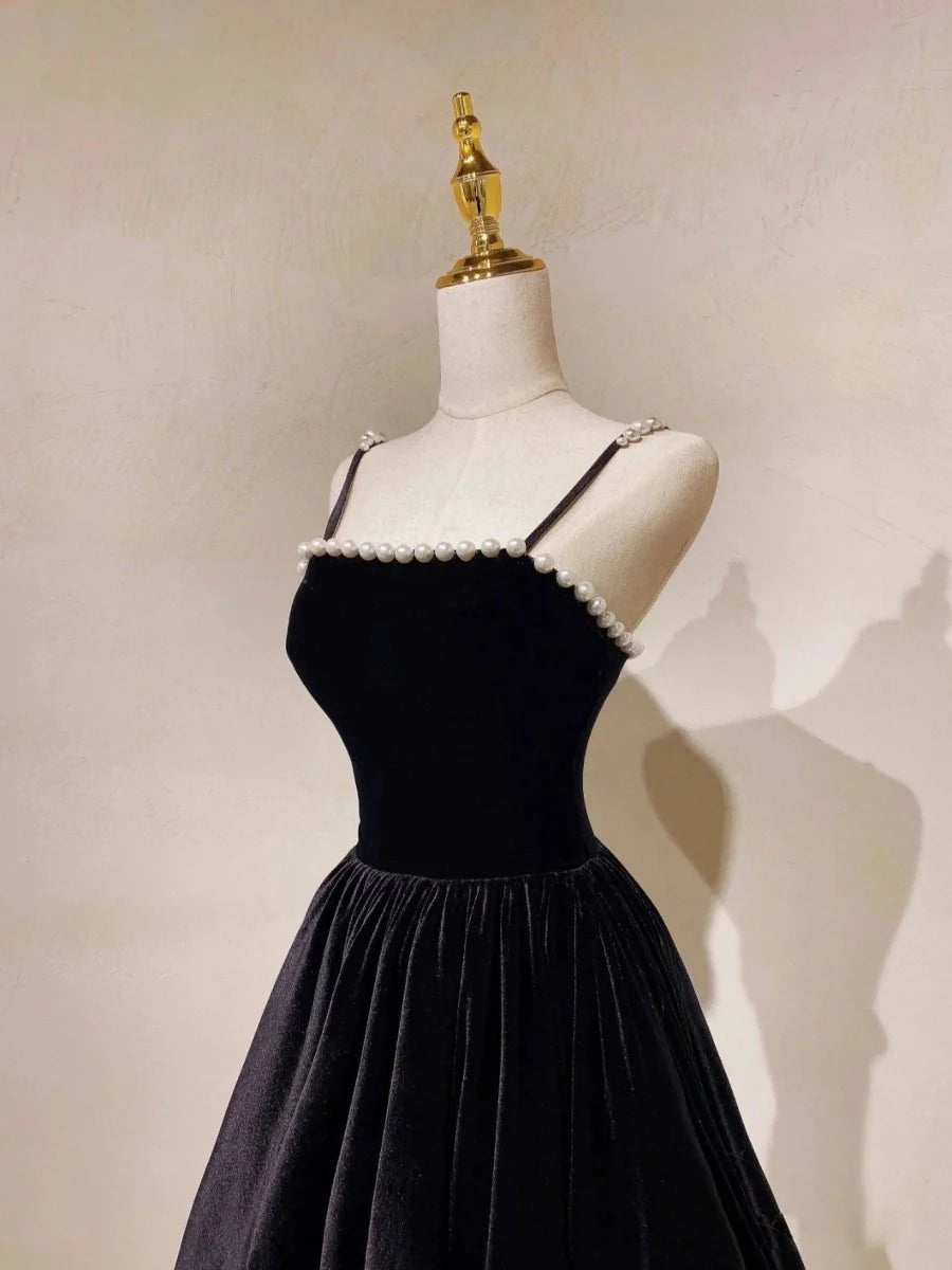 A-Line Spaghetti Straps Pearls Beaded Velvet Black Long Prom Dress