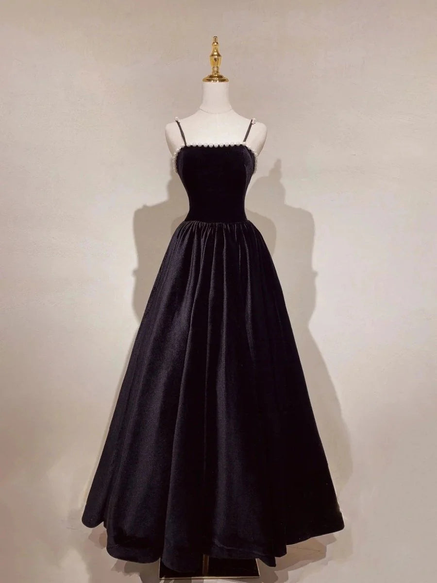 A-Line Spaghetti Straps Pearls Beaded Velvet Black Long Prom Dress