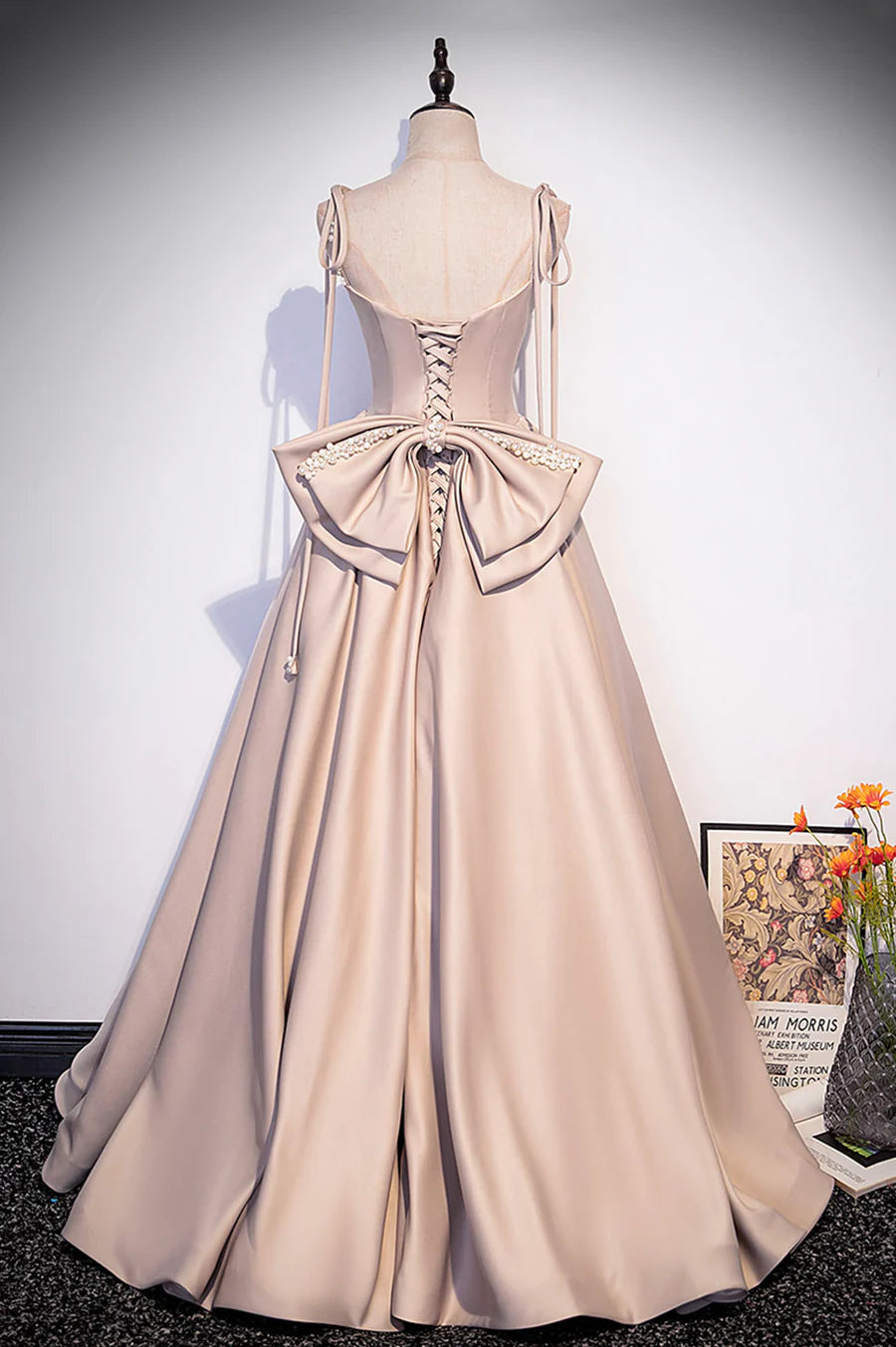 A-Line Spaghetti Straps Satin Pink Long Formal Dress Graduation Dress With Bows