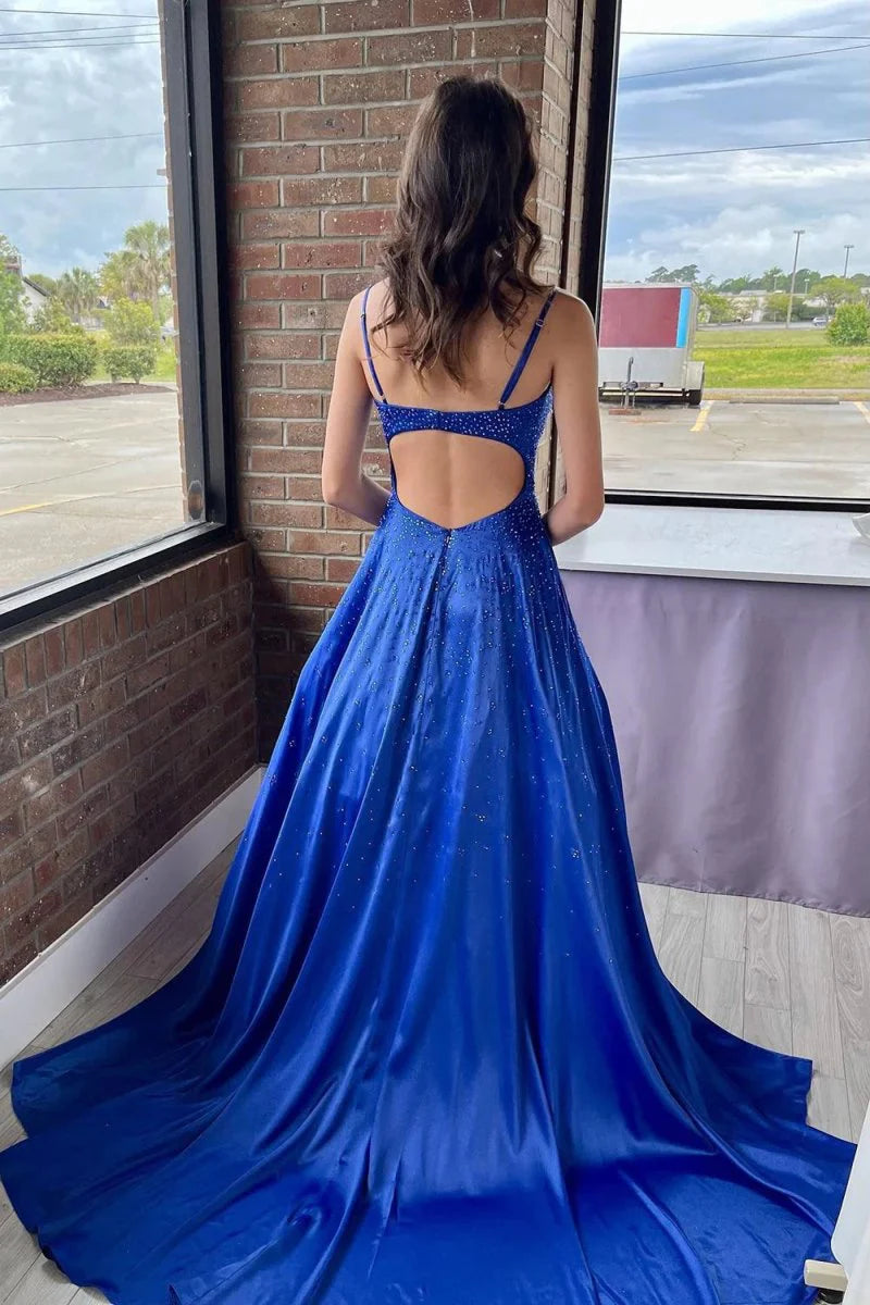 A-Line Spaghetti Straps Satin Royal Blue Long Evening Dress With Beaded