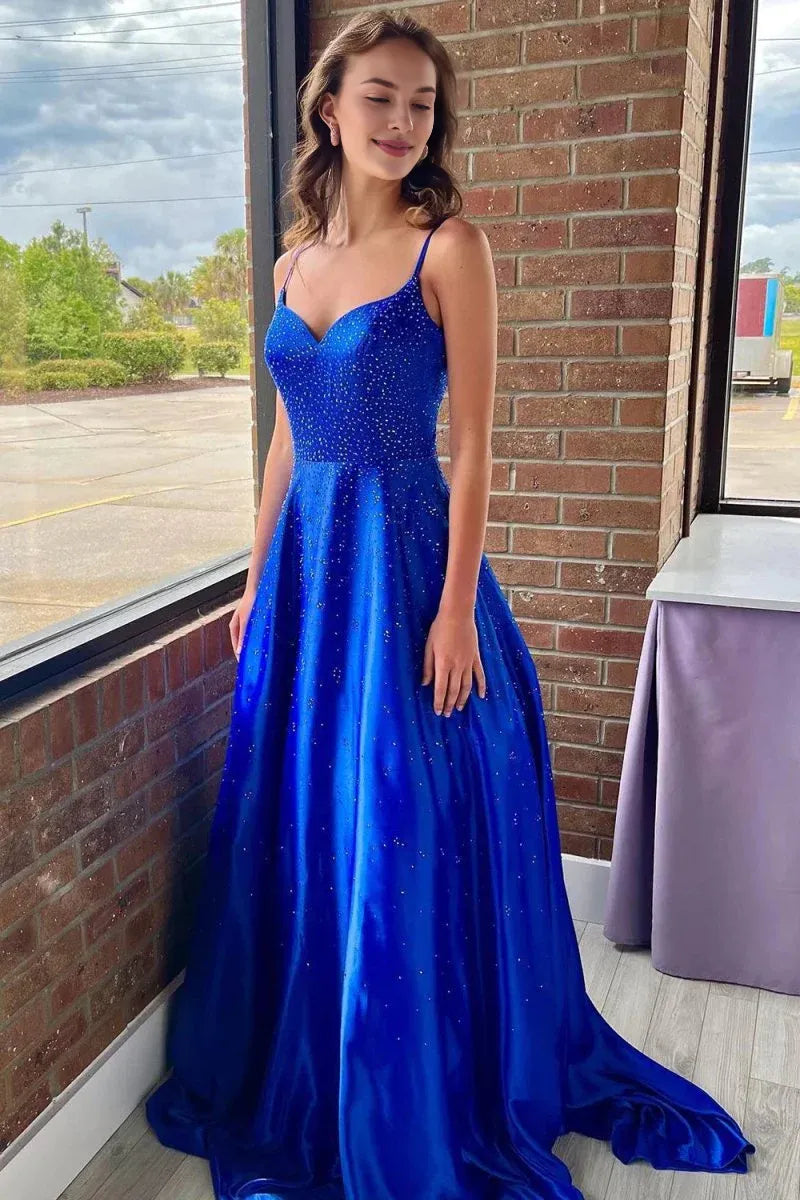 A-Line Spaghetti Straps Satin Royal Blue Long Evening Dress With Beaded