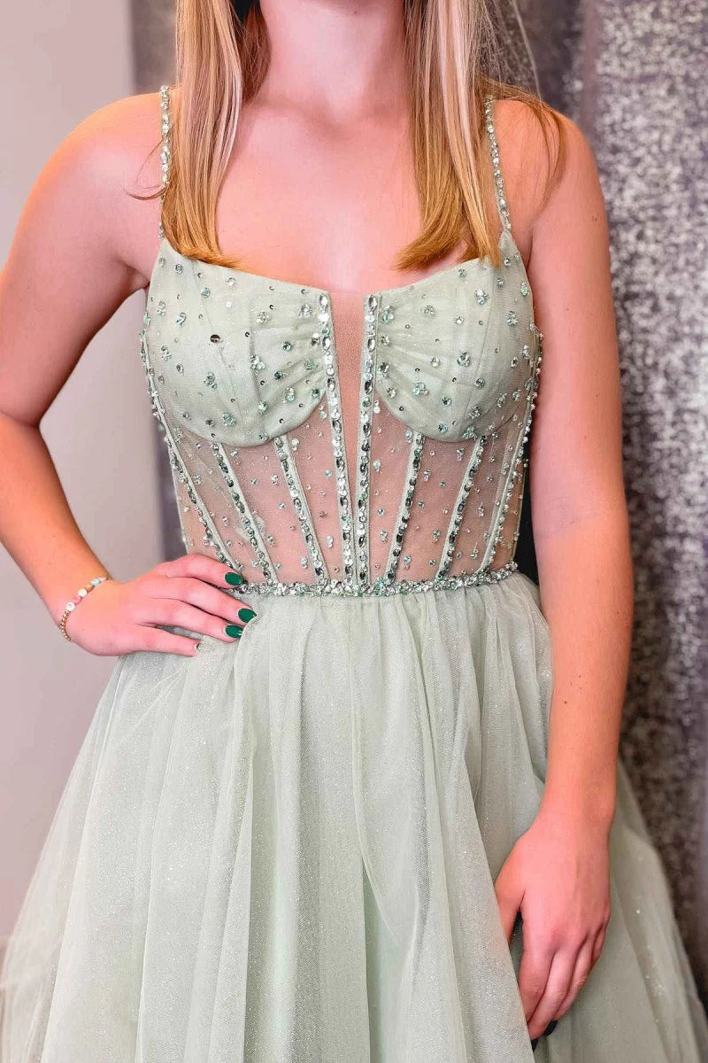 A-Line Spaghetti Straps Sequin Beaded Tulle Sage Green Prom Dress
