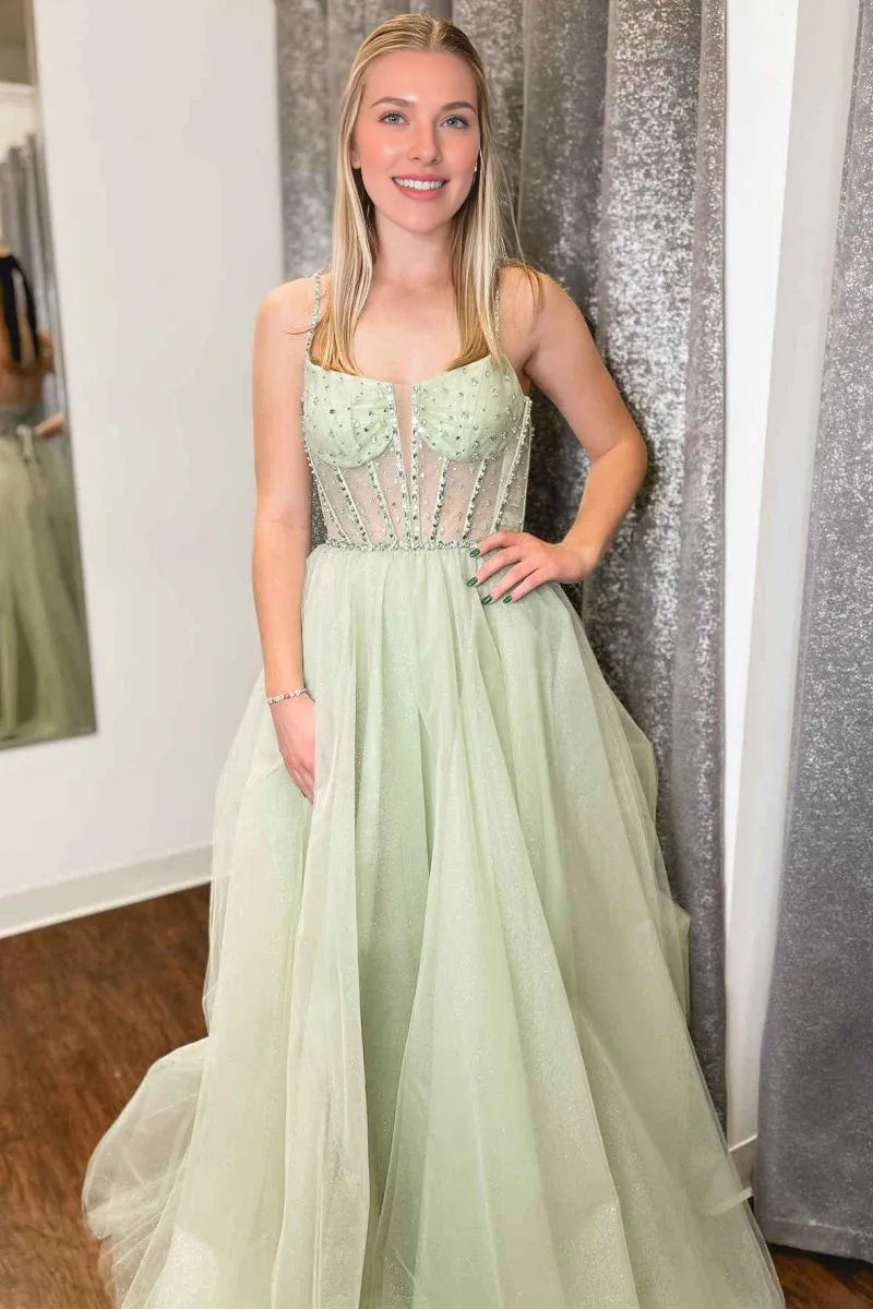 A-Line Spaghetti Straps Sequin Beaded Tulle Sage Green Prom Dress