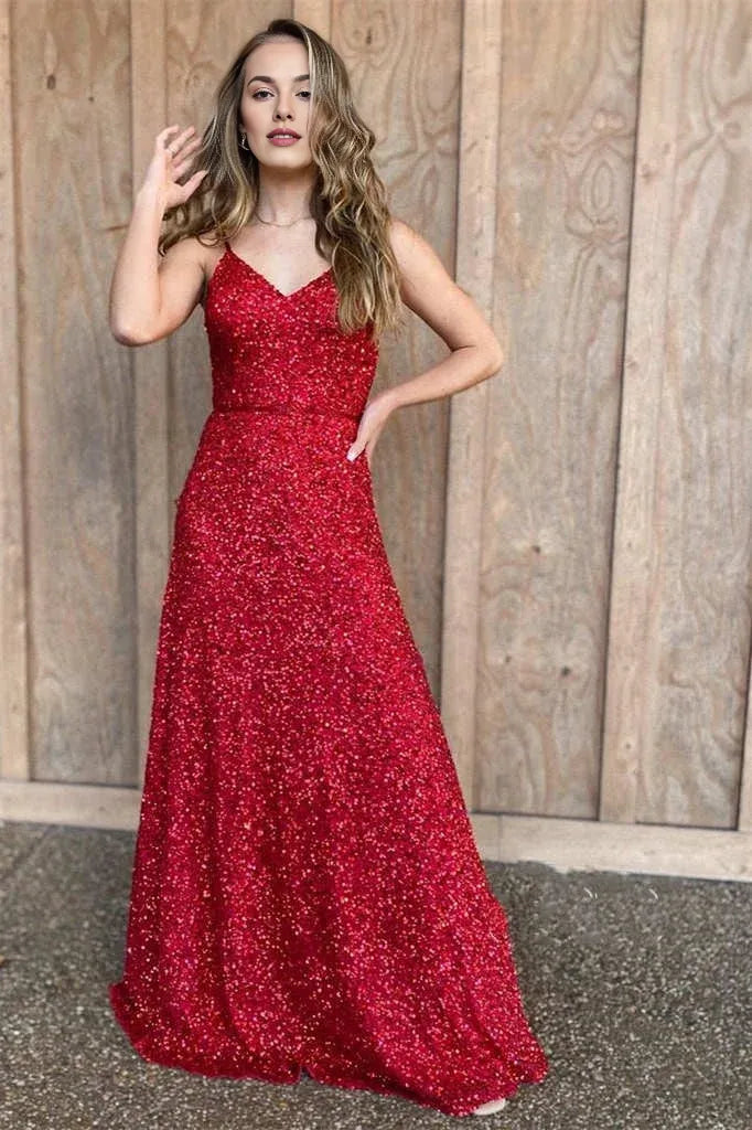 A-Line Spaghetti Straps Sequins Red Long Evening Dress With Zipper Back
