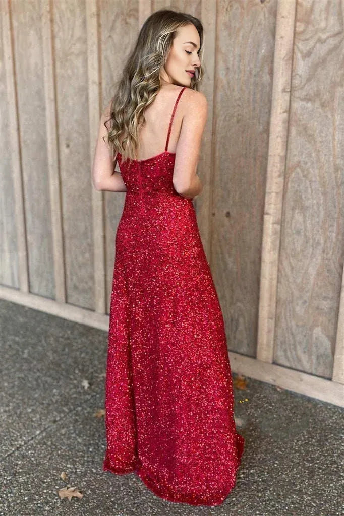 A-Line Spaghetti Straps Sequins Red Long Evening Dress With Zipper Back