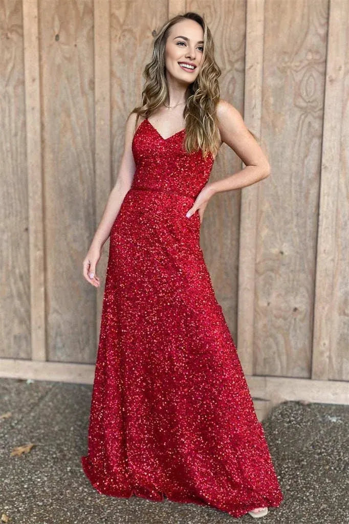 A-Line Spaghetti Straps Sequins Red Long Evening Dress With Zipper Back