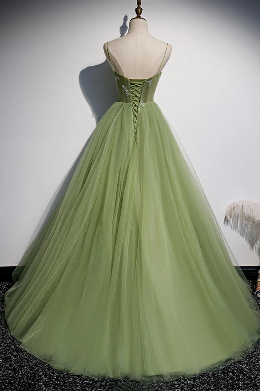 A-Line Spaghetti Straps Tulle Green Long Prom Dresses Evening Dresses