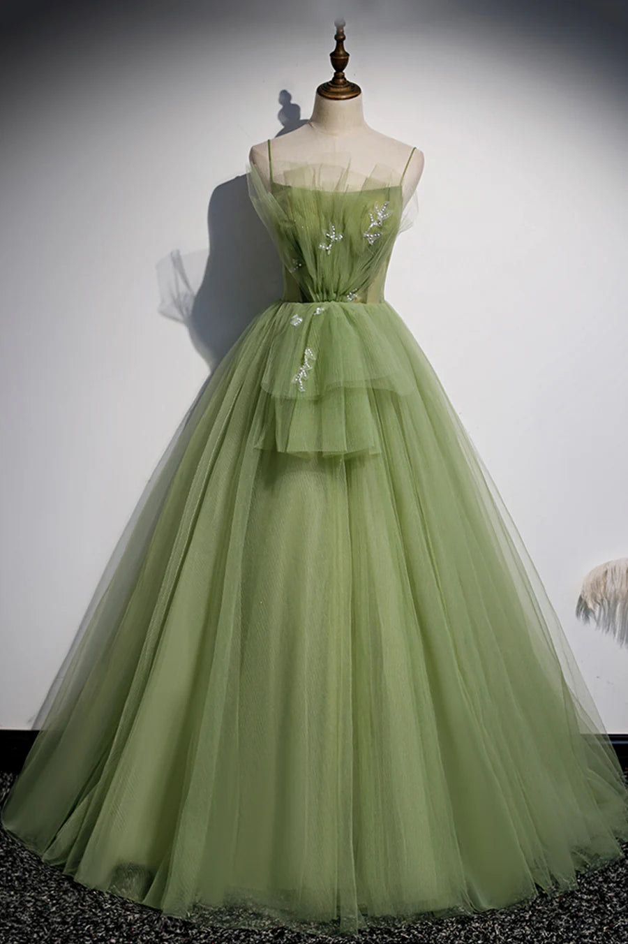 A-Line Spaghetti Straps Tulle Green Long Prom Dresses Evening Dresses