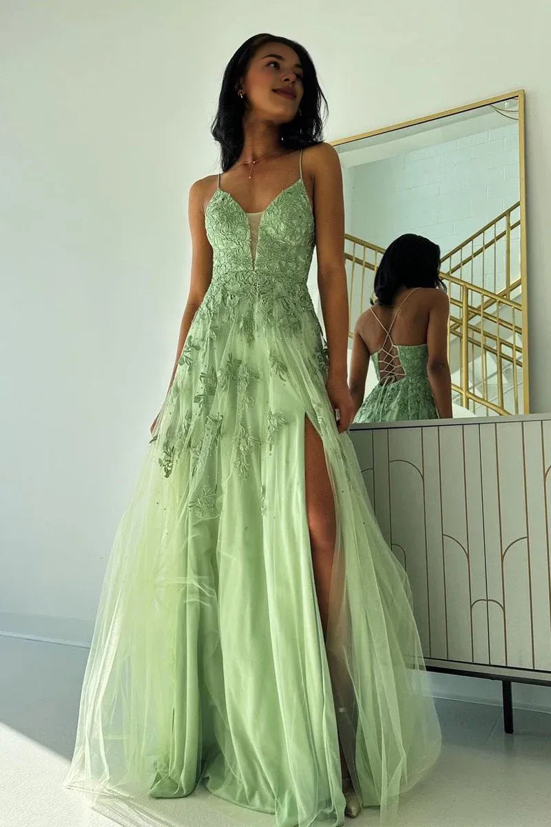A-Line Spaghetti Straps Tulle Sage Green Long Prom Dress With Appliques