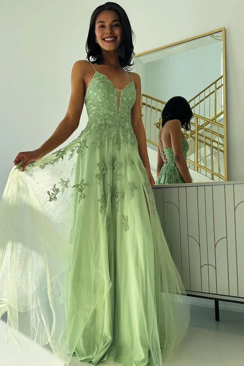 A-Line Spaghetti Straps Tulle Sage Green Long Prom Dress With Appliques