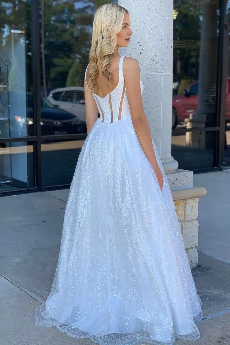 A-Line Square Neck Corset Glitter Tulle White Floor Length Prom Dress
