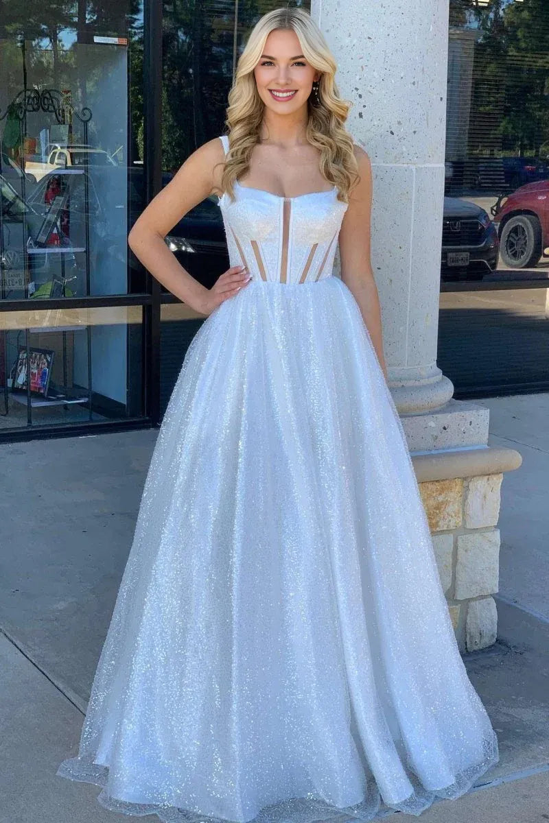 A-Line Square Neck Corset Glitter Tulle White Floor Length Prom Dress