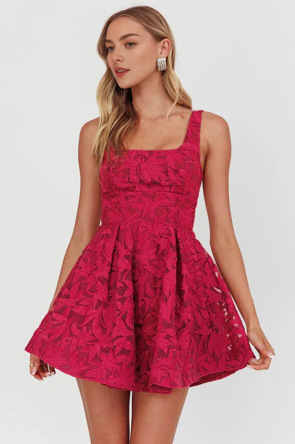 A-Line Square Neck Embroidered Fuchsia Mini Homecoming Dress With Mesh Hem
