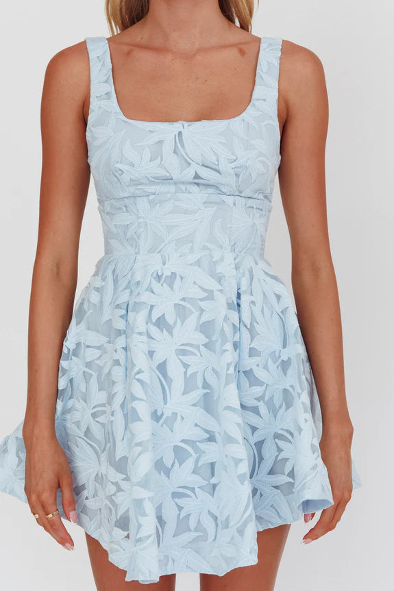 A-Line Square Neck Embroidered Light Blue Mini Homecoming Dress With Mesh Hem