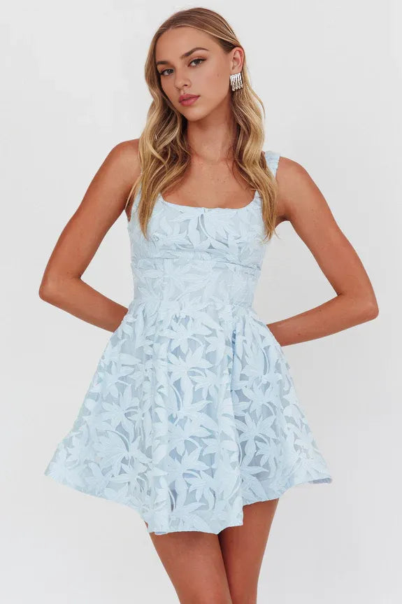A-Line Square Neck Embroidered Light Blue Mini Homecoming Dress With Mesh Hem