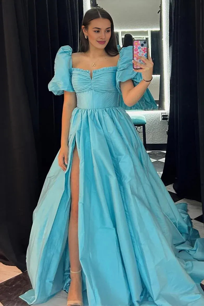 A-Line Square Neck Puff Sleeves Satin Royal Blue Prom Dress