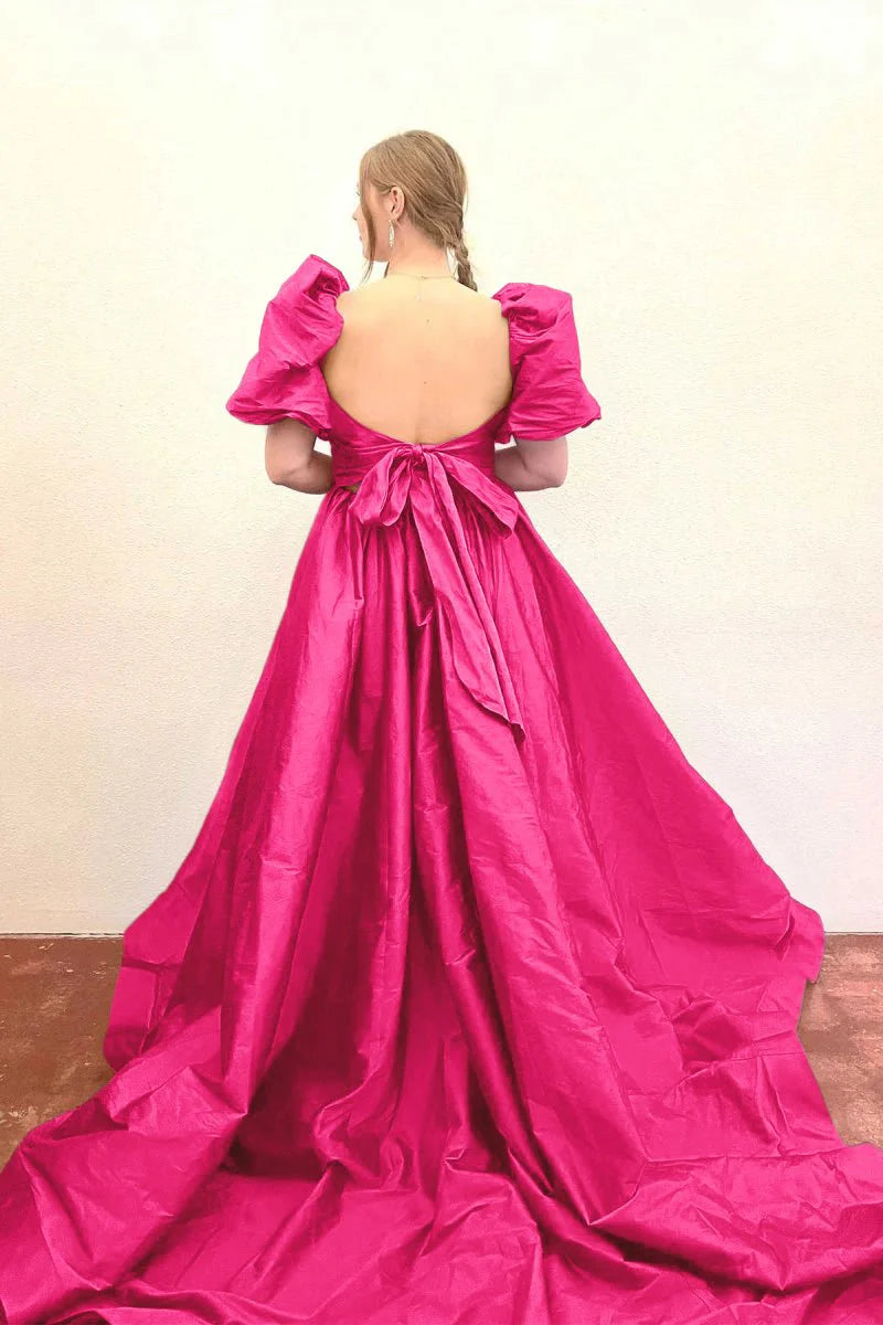 A-Line Square Neck Puff Sleeves Satin Royal Blue Prom Dress