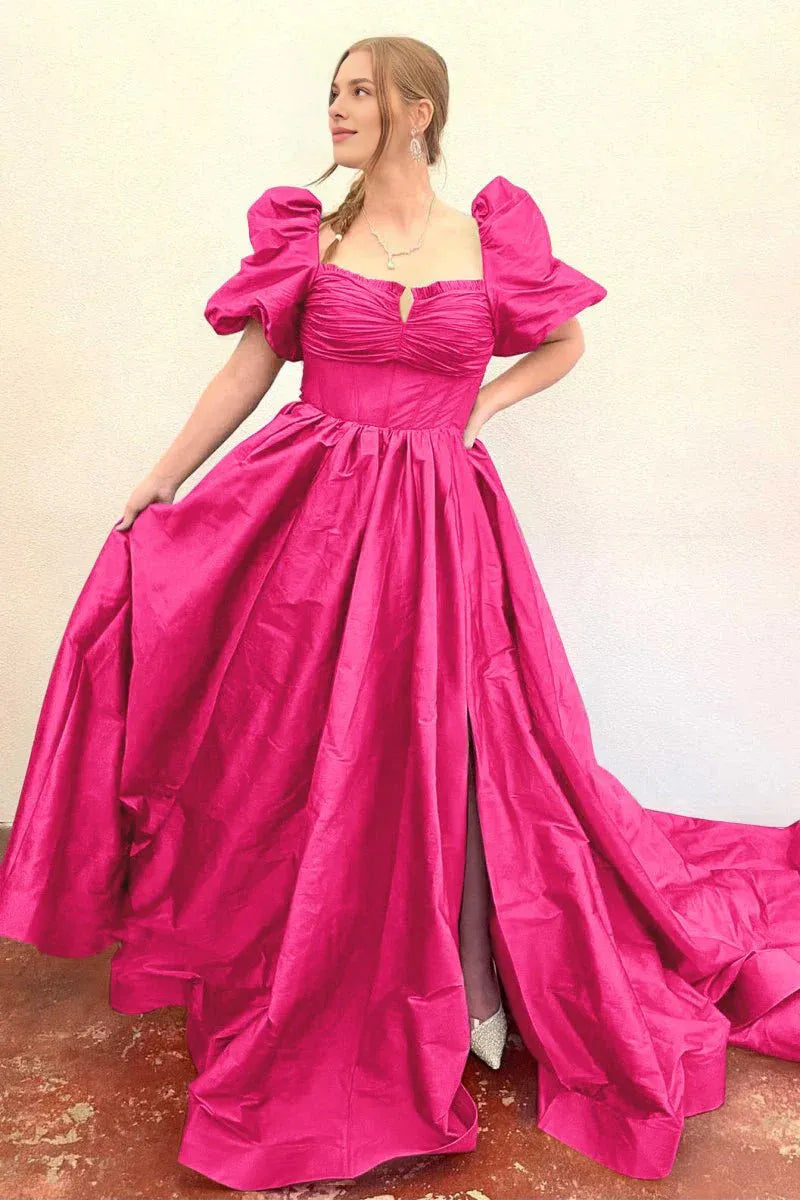 A-Line Square Neck Puff Sleeves Satin Royal Blue Prom Dress