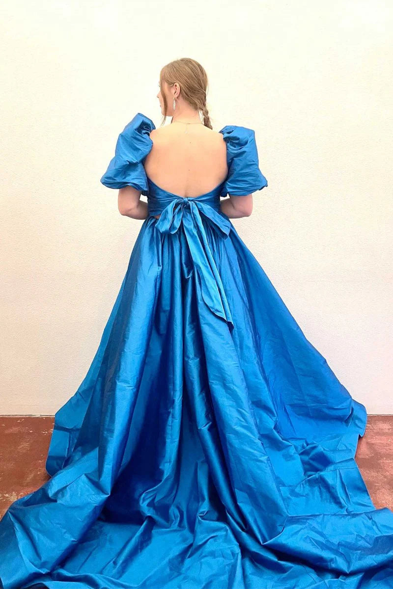 A-Line Square Neck Puff Sleeves Satin Royal Blue Prom Dress