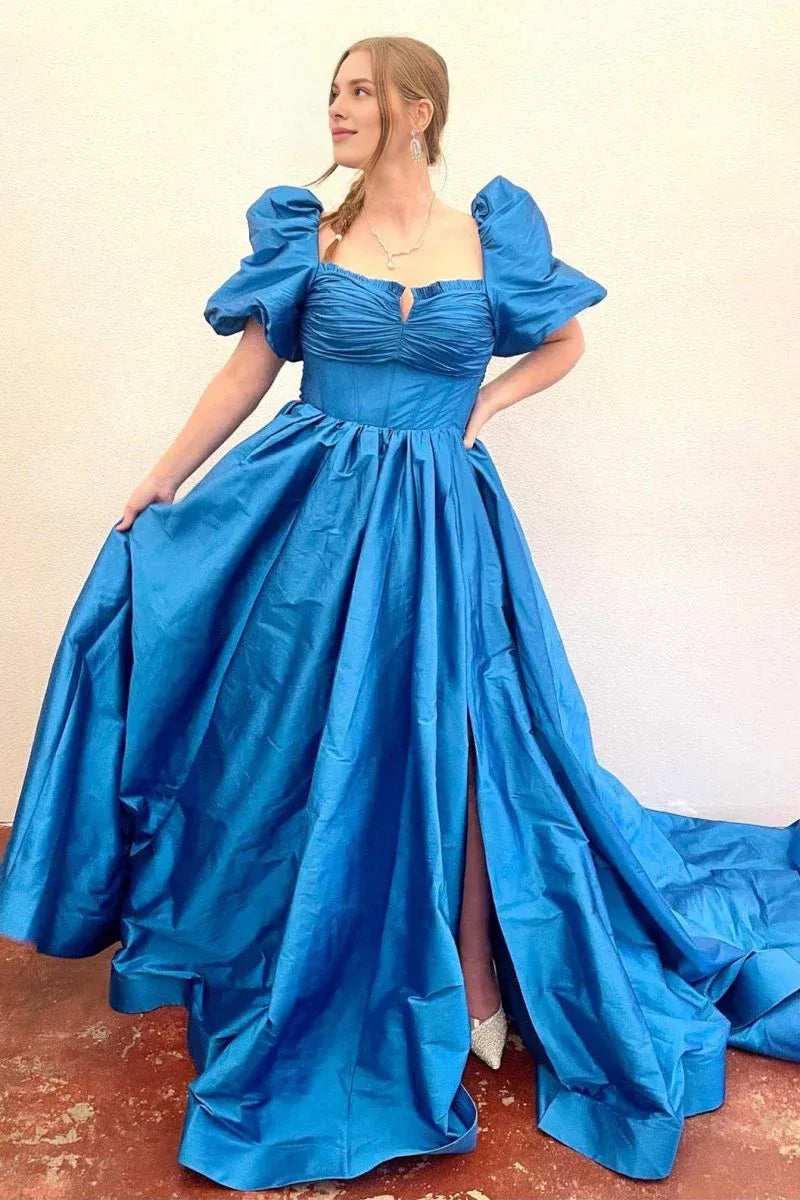 A-Line Square Neck Puff Sleeves Satin Royal Blue Prom Dress