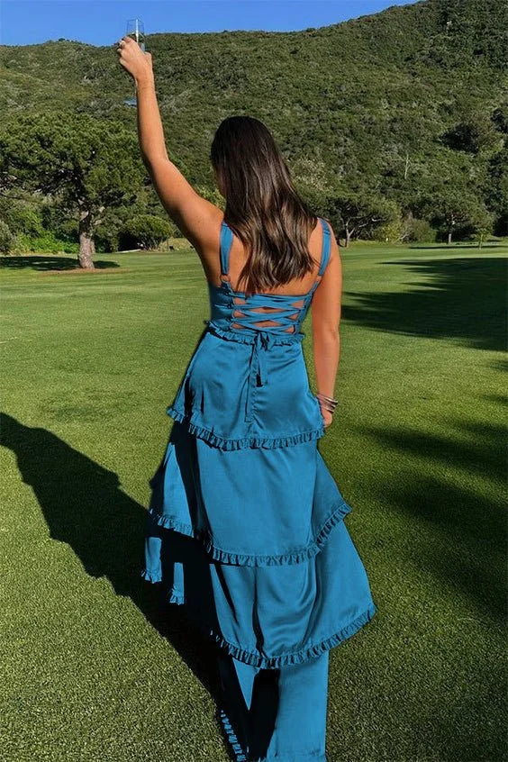 A-Line Square Neck Ruffles Slit Satin Pink Prom Dress With Lace-up Back