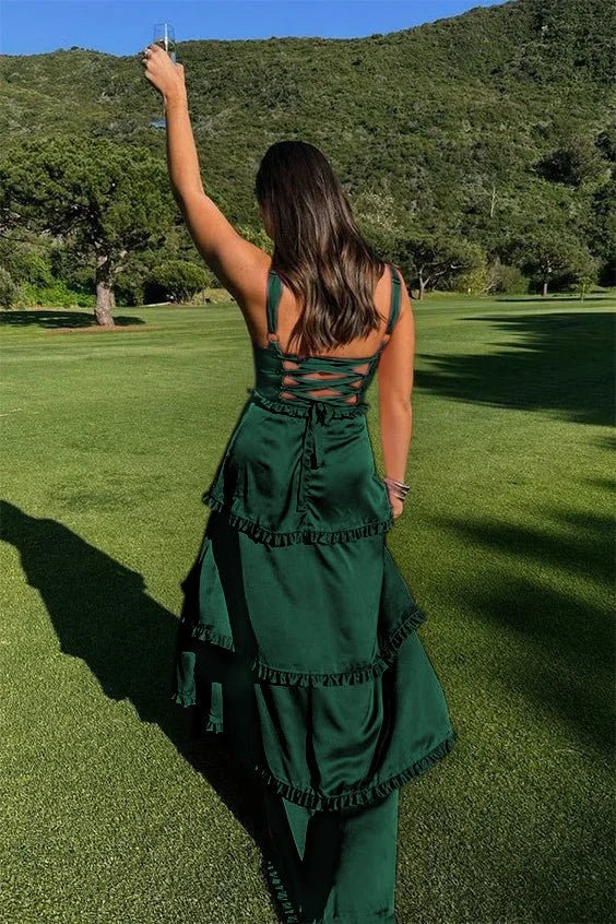 A-Line Square Neck Ruffles Slit Satin Pink Prom Dress With Lace-up Back