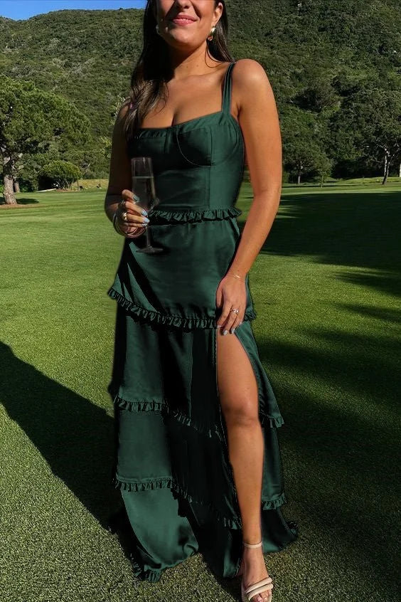 A-Line Square Neck Ruffles Slit Satin Pink Prom Dress With Lace-up Back