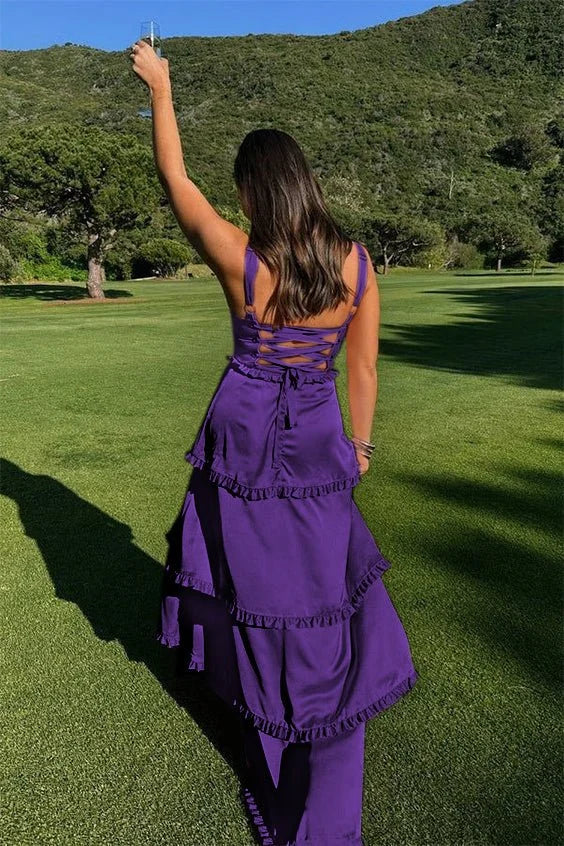 A-Line Square Neck Ruffles Slit Satin Pink Prom Dress With Lace-up Back