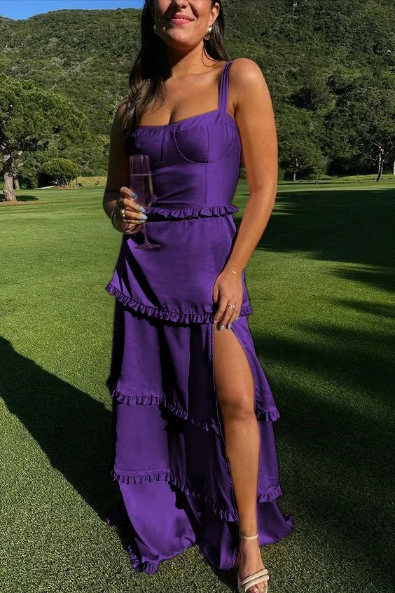 A-Line Square Neck Ruffles Slit Satin Pink Prom Dress With Lace-up Back