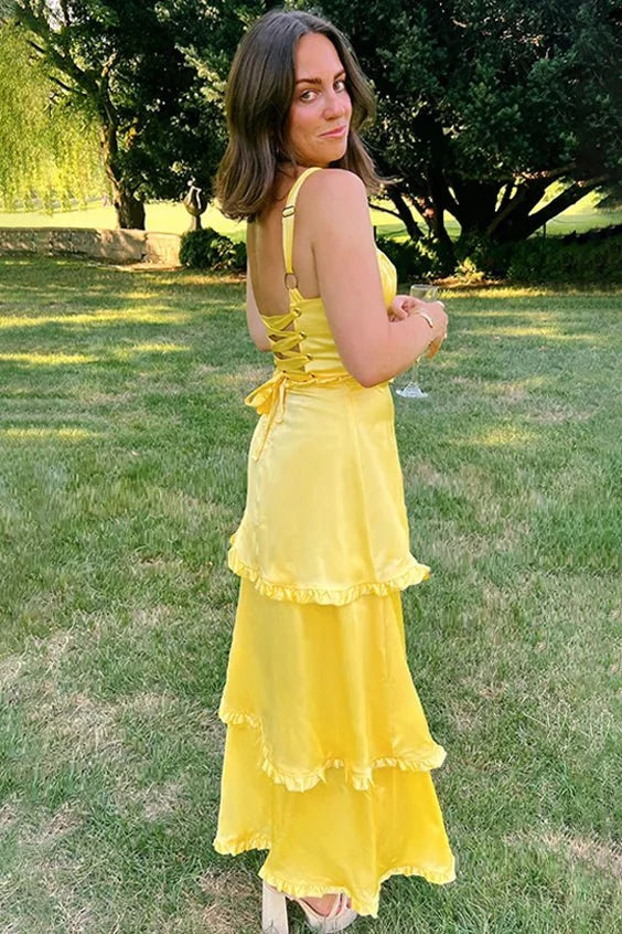 A-Line Square Neck Ruffles Slit Satin Pink Prom Dress With Lace-up Back