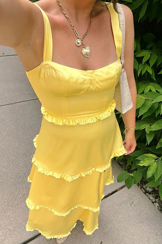 A-Line Square Neck Ruffles Slit Satin Pink Prom Dress With Lace-up Back