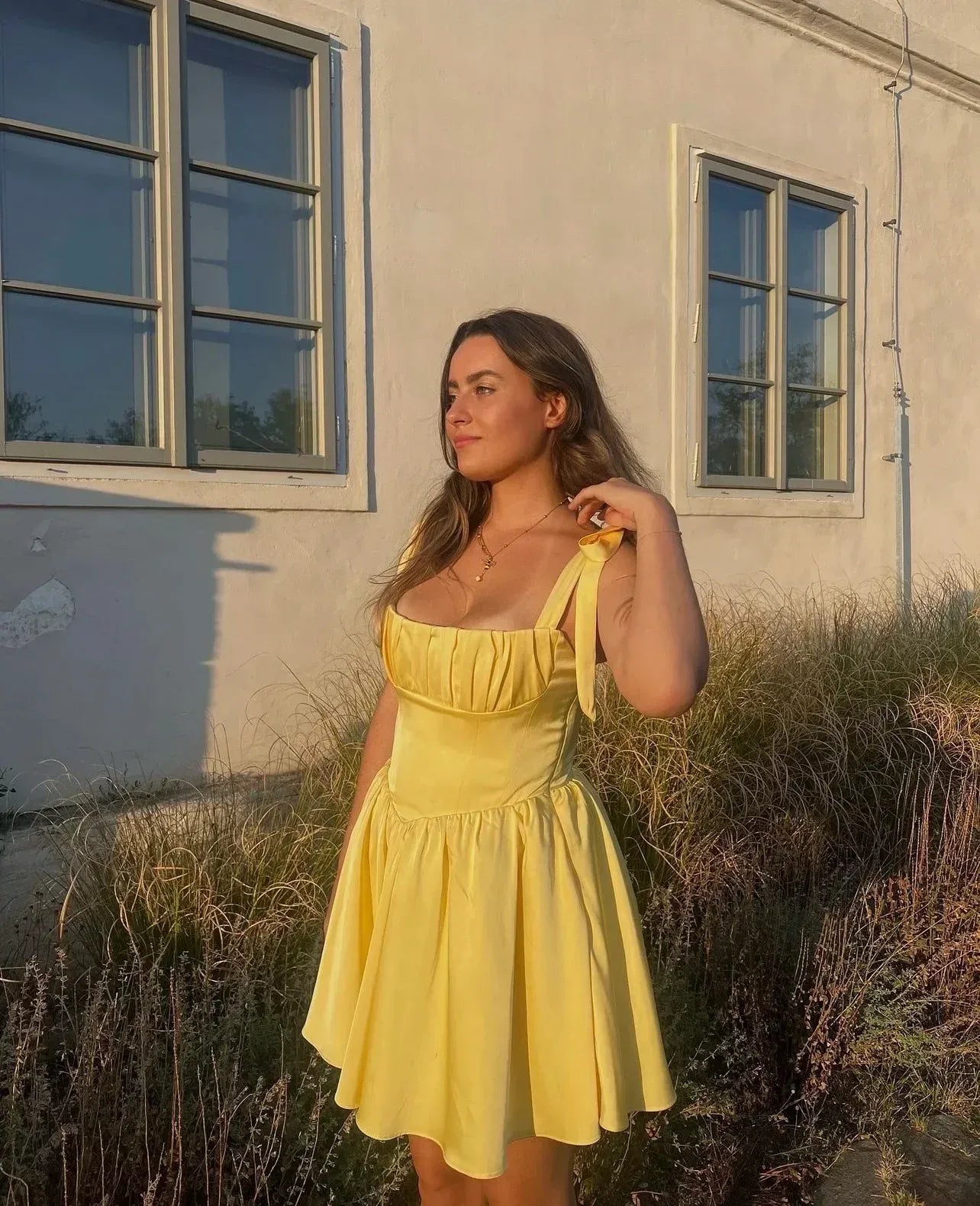 A-Line Sweetheart Tie-Strap Pleated Yellow Short Homecoming Dress Summer Dresses Women