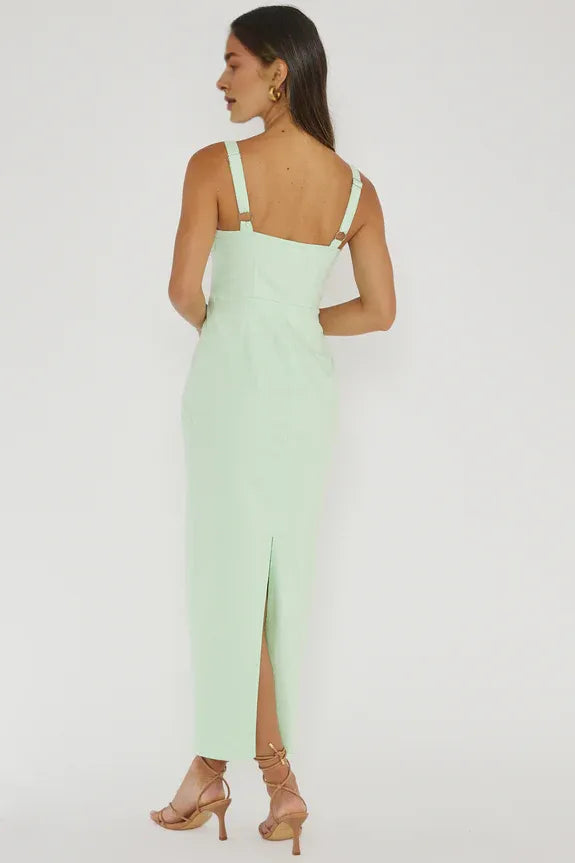 A-Line Square Neck Tied Bust Ruffle Bodycon Mint Midi Evening Dress