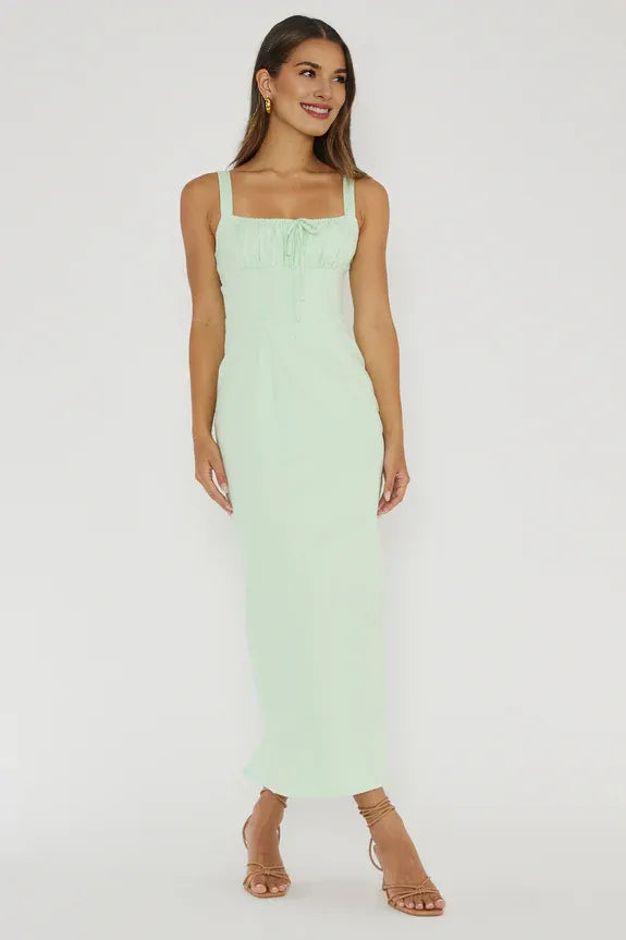 A-Line Square Neck Tied Bust Ruffle Bodycon Mint Midi Evening Dress