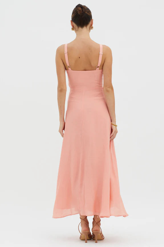 A-Line Square Neck Tied Bust Ruffle Bodycon Peach Midi Evening Dress