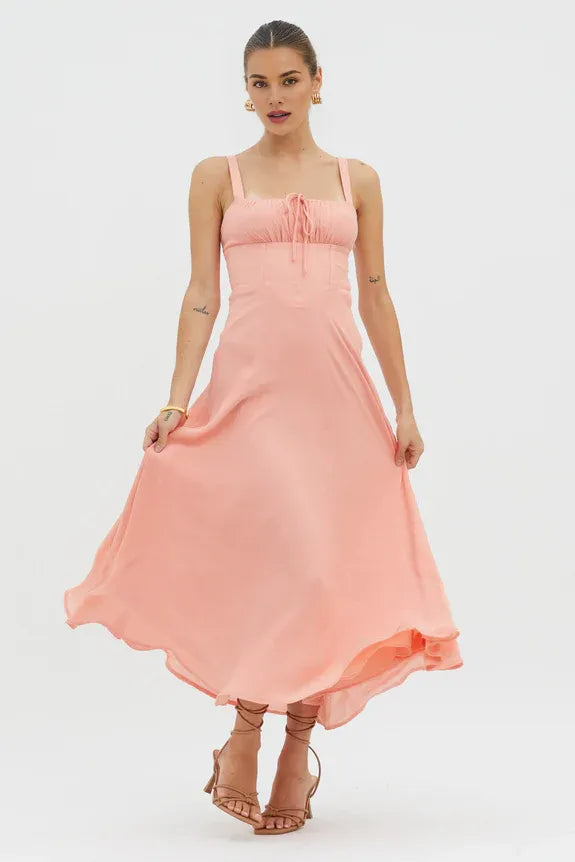 A-Line Square Neck Tied Bust Ruffle Bodycon Peach Midi Evening Dress