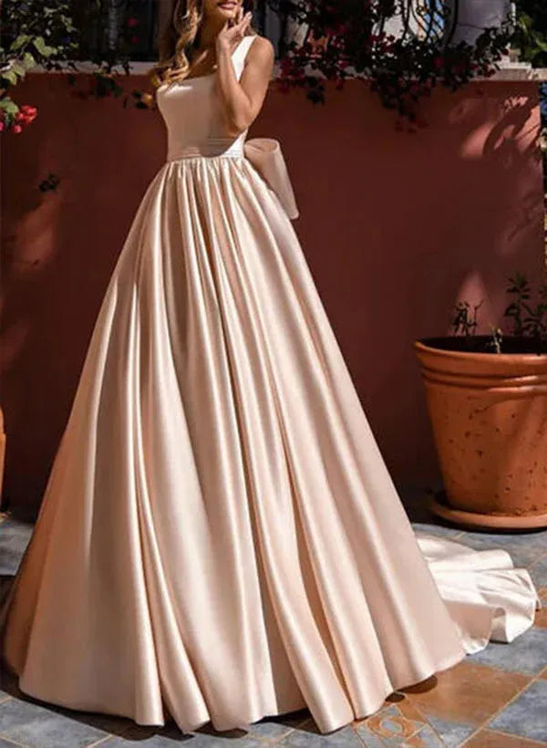 A-Line Square Neckline Sleeveless Bow Satin Champagne Prom Dress With Court Train